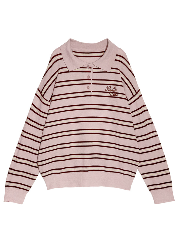 ボーダー柄ロゴ刺繍ポロニットトップス[gn568]