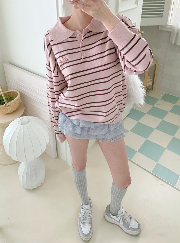 ボーダー柄ロゴ刺繍ポロニットトップス[gn568] | レディース