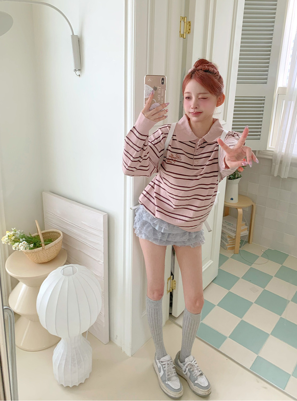 ボーダー柄ロゴ刺繍ポロニットトップス[gn568] | レディース