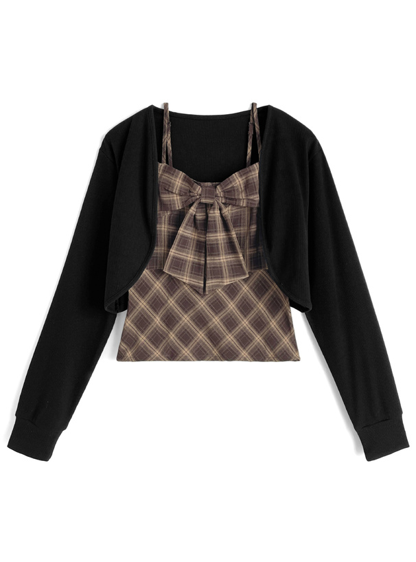 チェック柄リボンキャミソール×ボレロアンサンブル