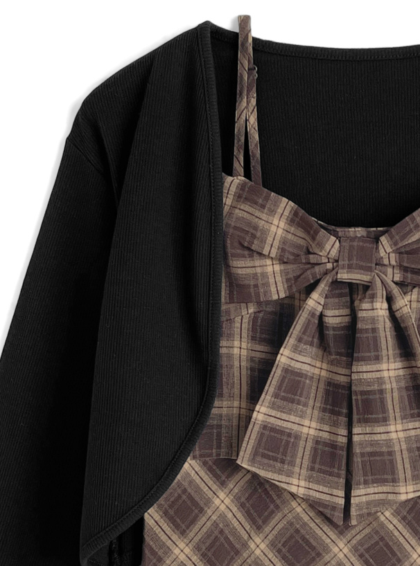 チェック柄リボンキャミソール×ボレロアンサンブル