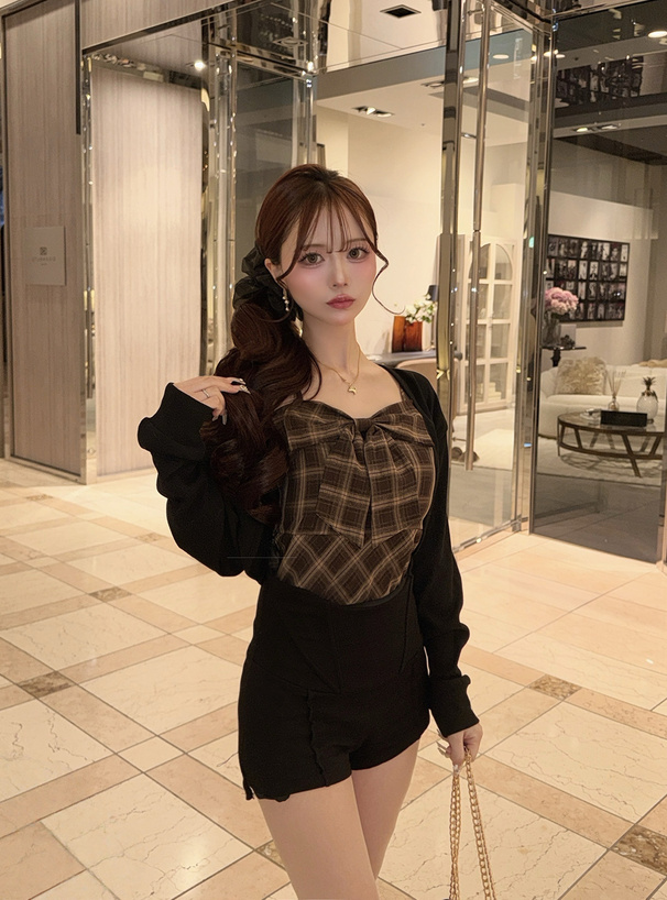 チェック柄リボンキャミソール×ボレロアンサンブル