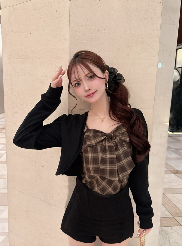 チェック柄リボンキャミソール×ボレロアンサンブル