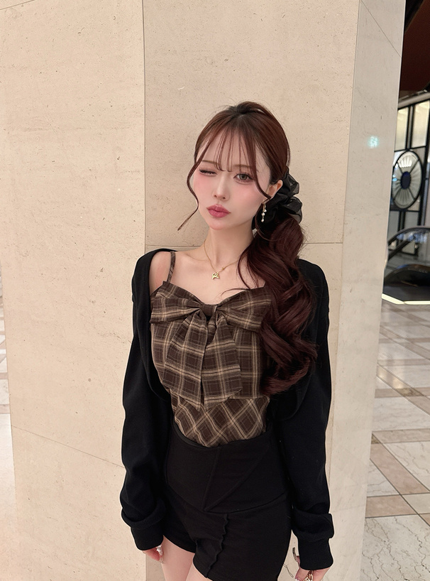 チェック柄リボンキャミソール×ボレロアンサンブル