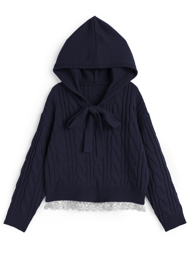 フード付きリボンケーブル編みニットトップス