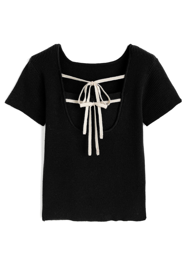 配色ダブルリボンリブニットトップス[gn576]