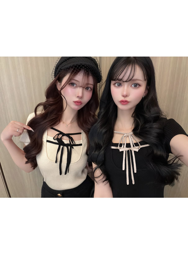 配色ダブルリボンリブニットトップス