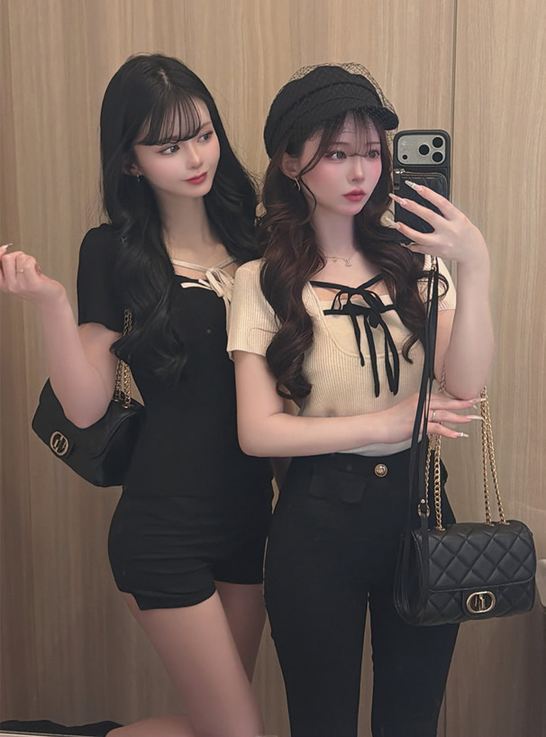 配色ダブルリボンリブニットトップス