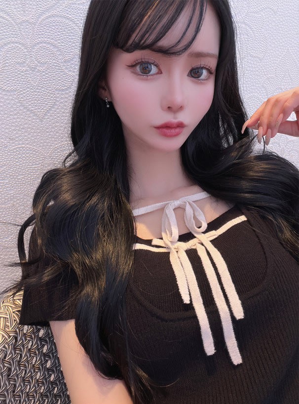 配色ダブルリボンリブニットトップス