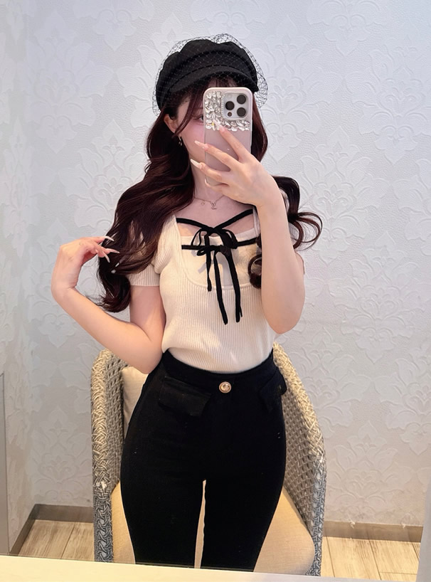 配色ダブルリボンリブニットトップス