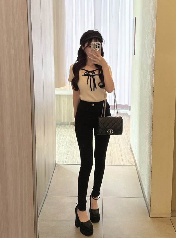 配色ダブルリボンリブニットトップス