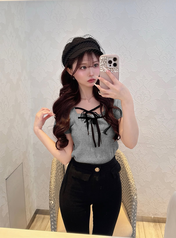 配色ダブルリボンリブニットトップス