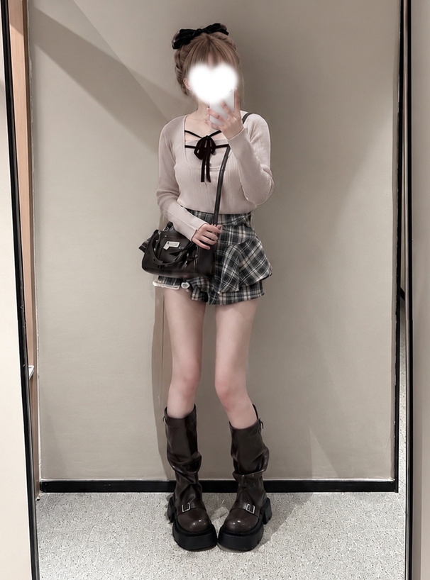 配色ダブルリボンリブニットトップス