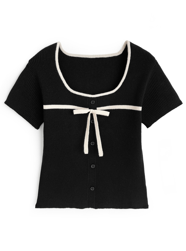 配色リボンリブニットトップス[gn577]