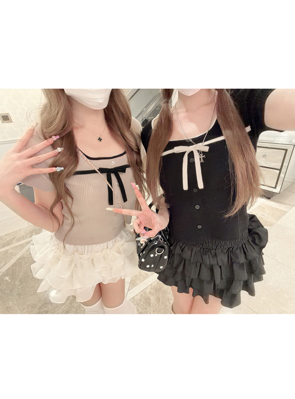 配色リボンリブニットトップス