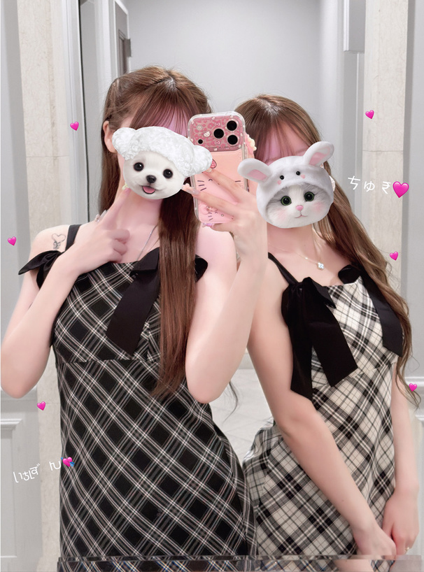 バイアスチェック柄ダブルリボンワンピース