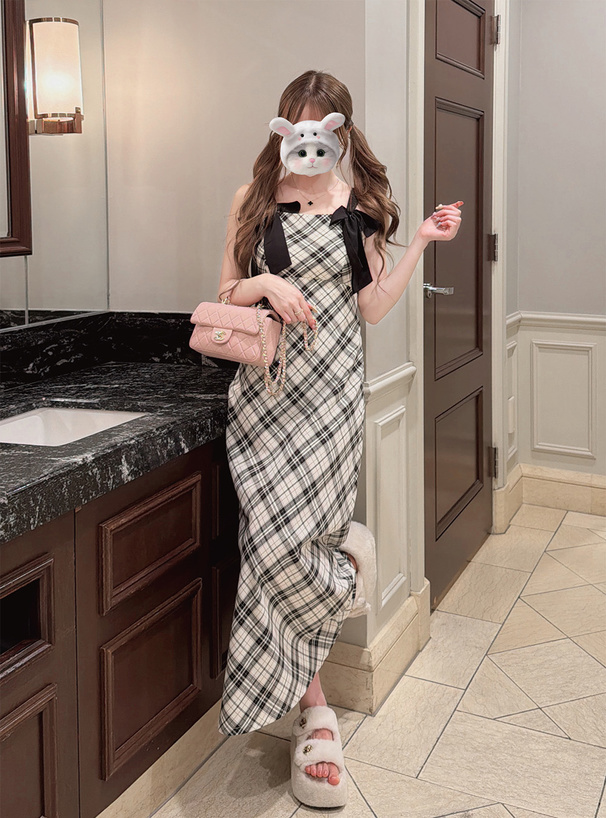 バイアスチェック柄ダブルリボンワンピース