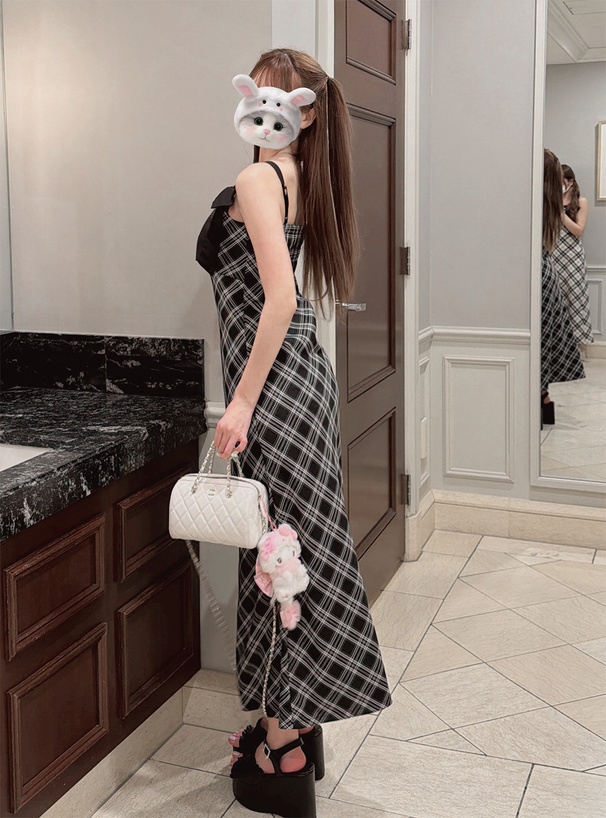 バイアスチェック柄ダブルリボンワンピース