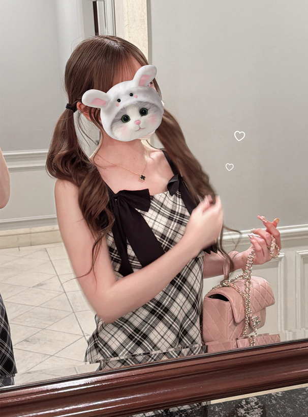 バイアスチェック柄ダブルリボンワンピース