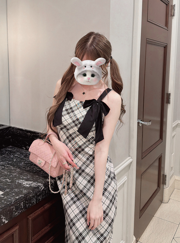 バイアスチェック柄ダブルリボンワンピース