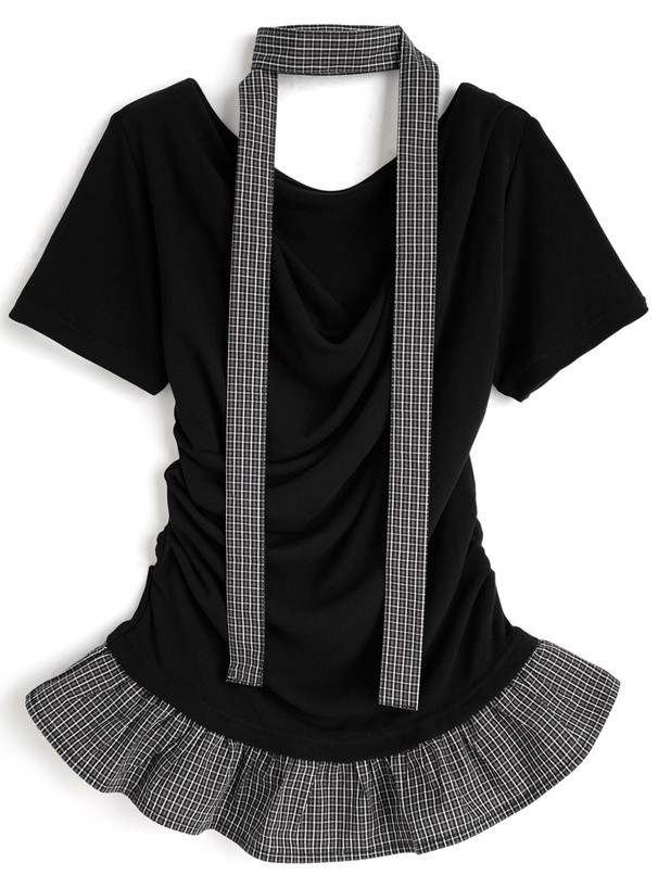 タイ付きチェック柄フリルドレープトップス