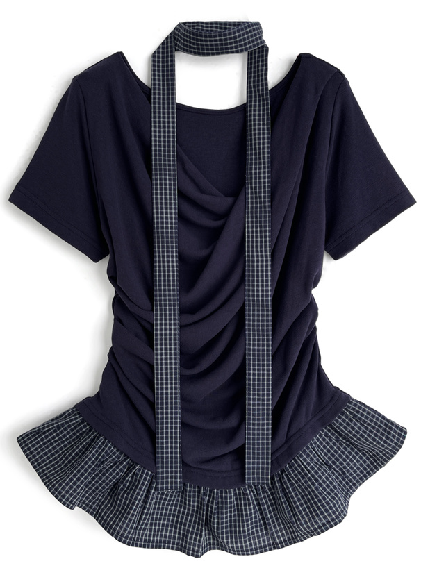 タイ付きチェック柄フリルドレープトップス