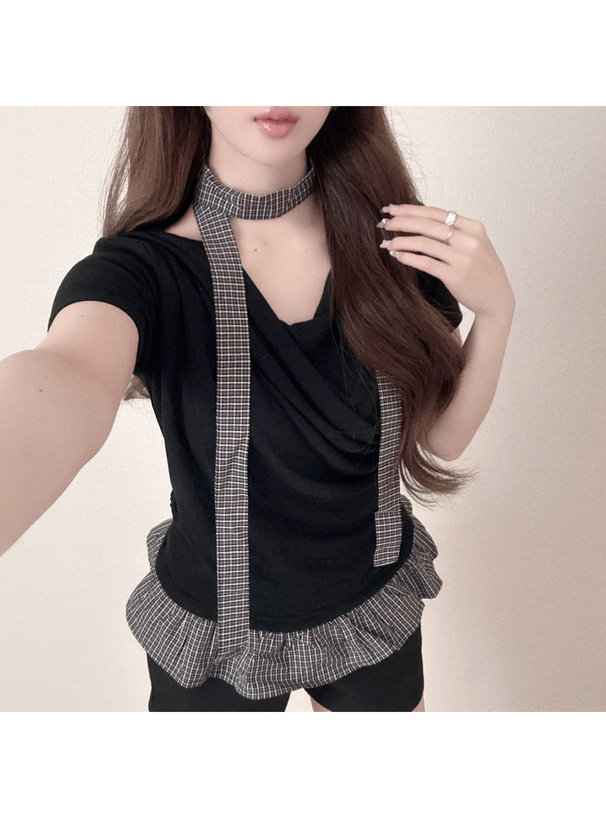 タイ付きチェック柄フリルドレープトップス
