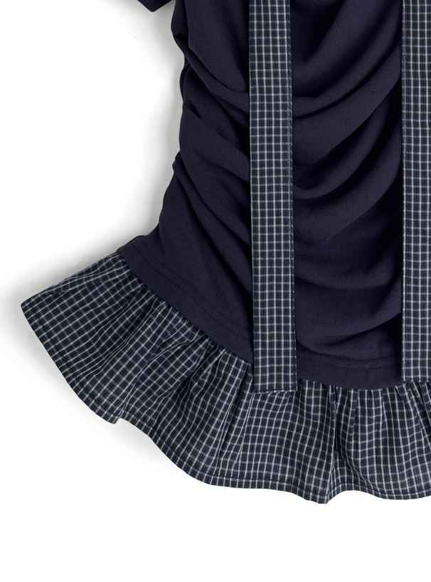 タイ付きチェック柄フリルドレープトップス