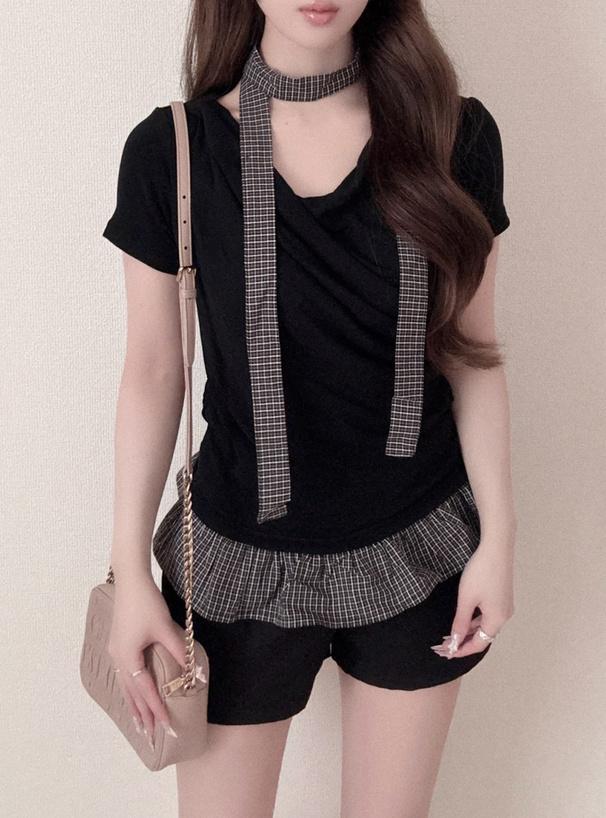 タイ付きチェック柄フリルドレープトップス