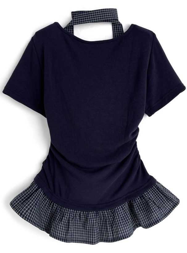 タイ付きチェック柄フリルドレープトップス