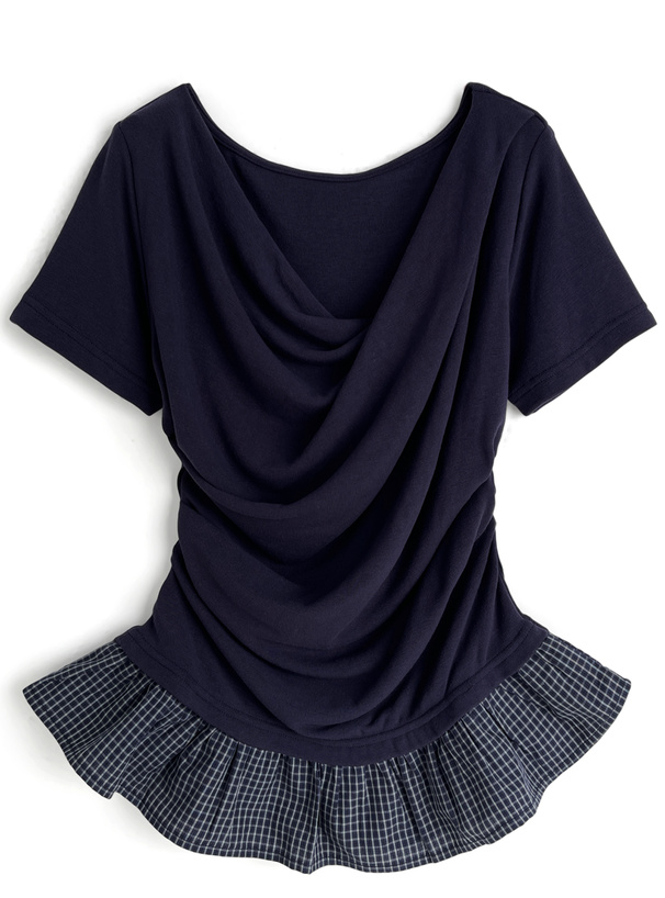 タイ付きチェック柄フリルドレープトップス