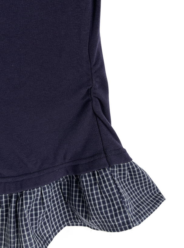 タイ付きチェック柄フリルドレープトップス