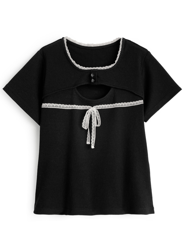 フロントオープンレースリボンリブトップス