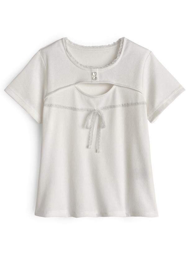 フロントオープンレースリボンリブトップス