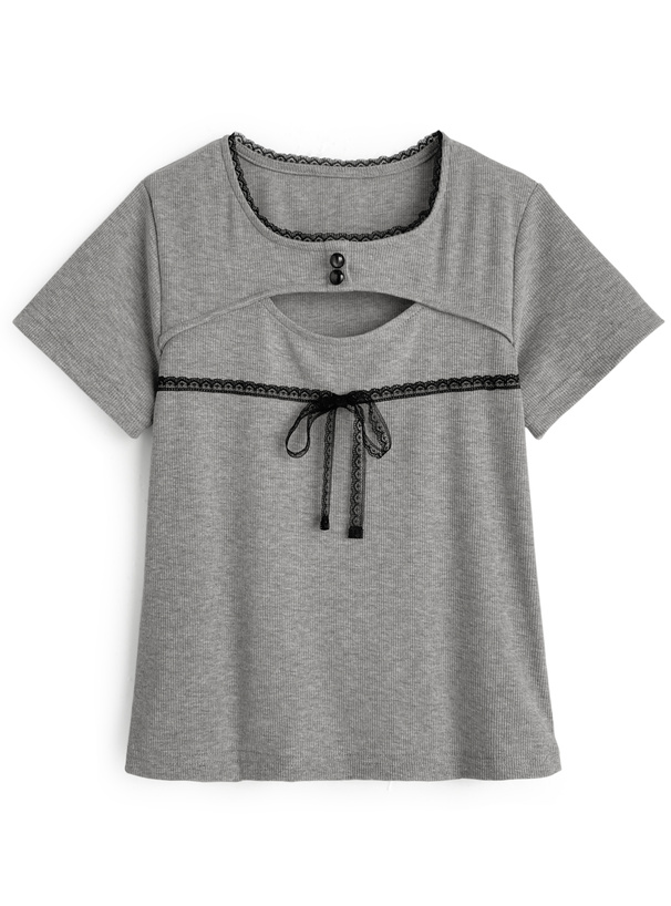 フロントオープンレースリボンリブトップス