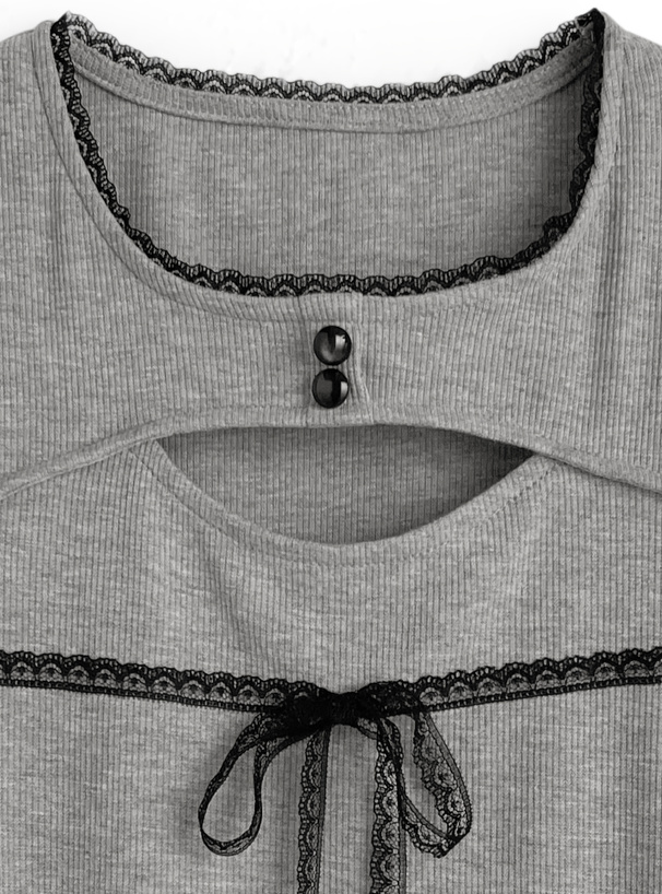 フロントオープンレースリボンリブトップス