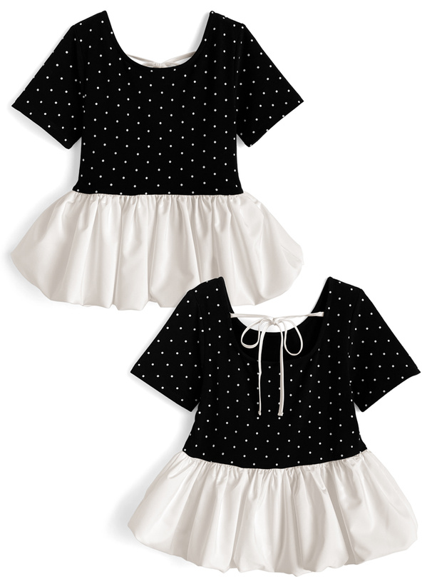 ドット柄バックリボンバルーンペプラムトップス