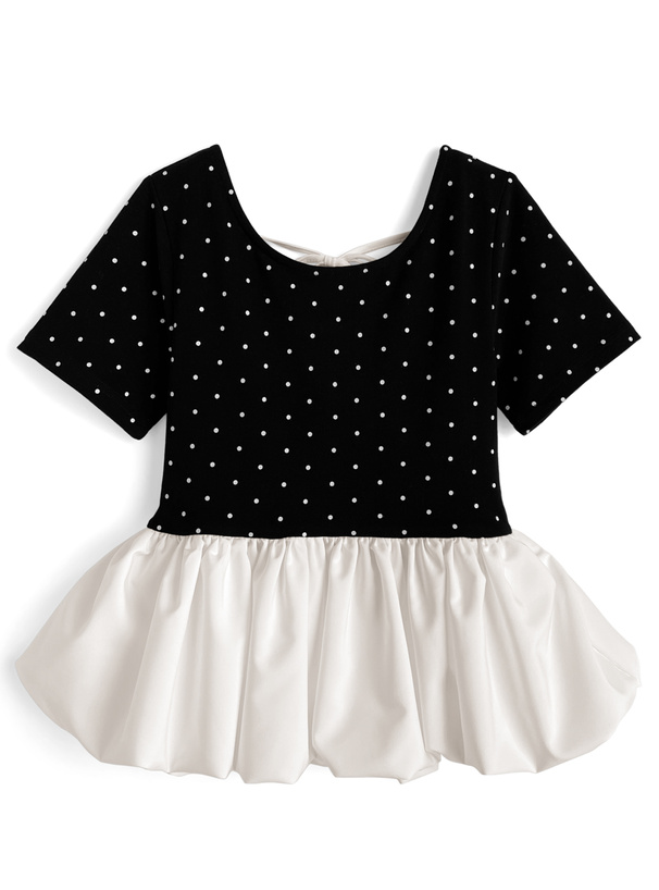 ドット柄バックリボンバルーンペプラムトップス