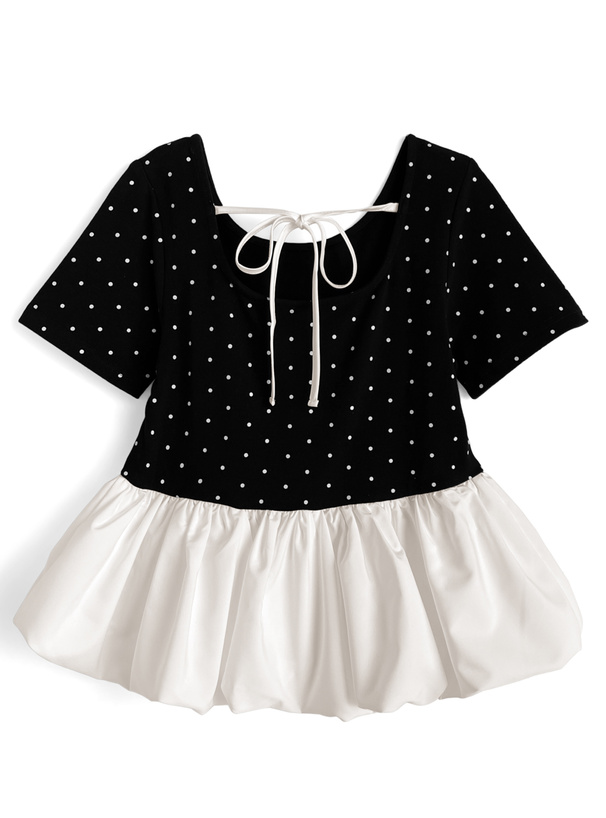 ドット柄バックリボンバルーンペプラムトップス