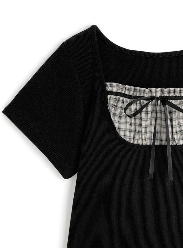 チェック柄ギャザーリボンレイヤード風リブトップス