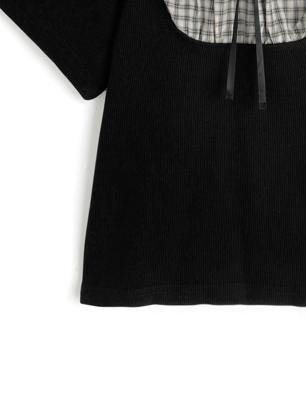 チェック柄ギャザーリボンレイヤード風リブトップス