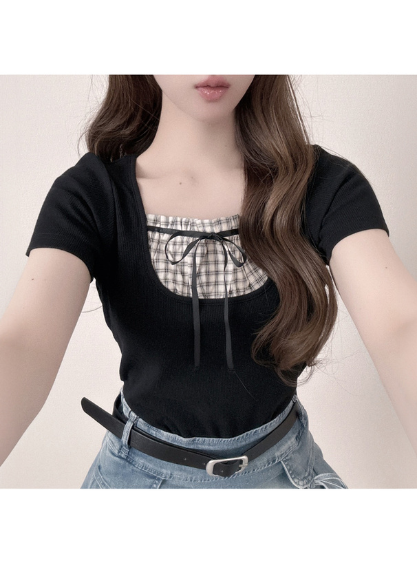 チェック柄ギャザーリボンレイヤード風リブトップス