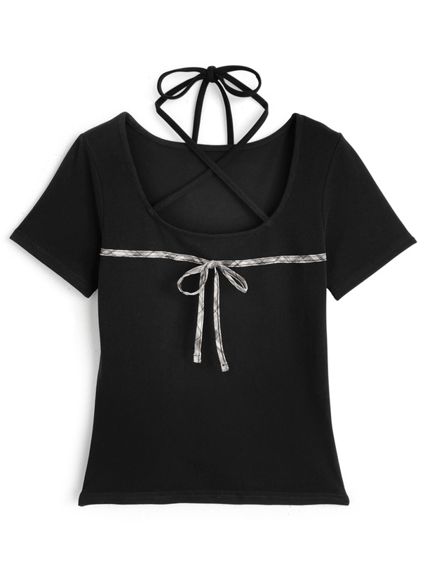 チェック柄リボンクロスネックトップス