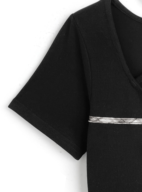 チェック柄リボンクロスネックトップス