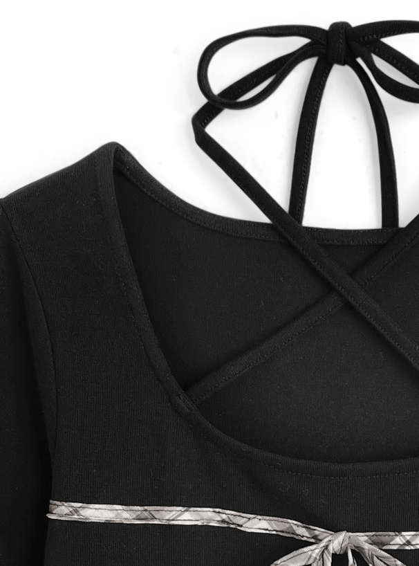 チェック柄リボンクロスネックトップス