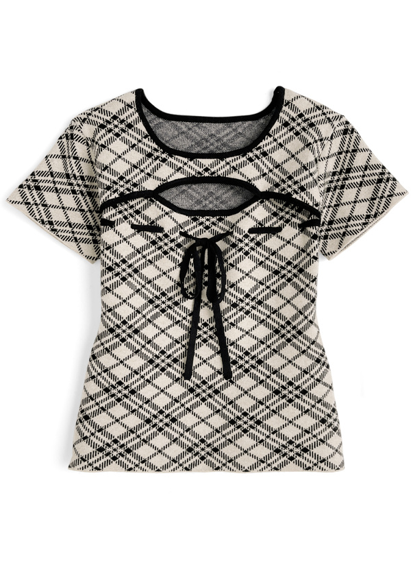 チェック柄リボンニットトップス