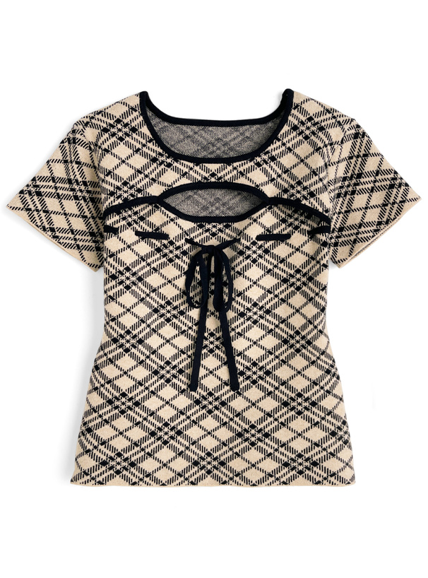 チェック柄リボンニットトップス