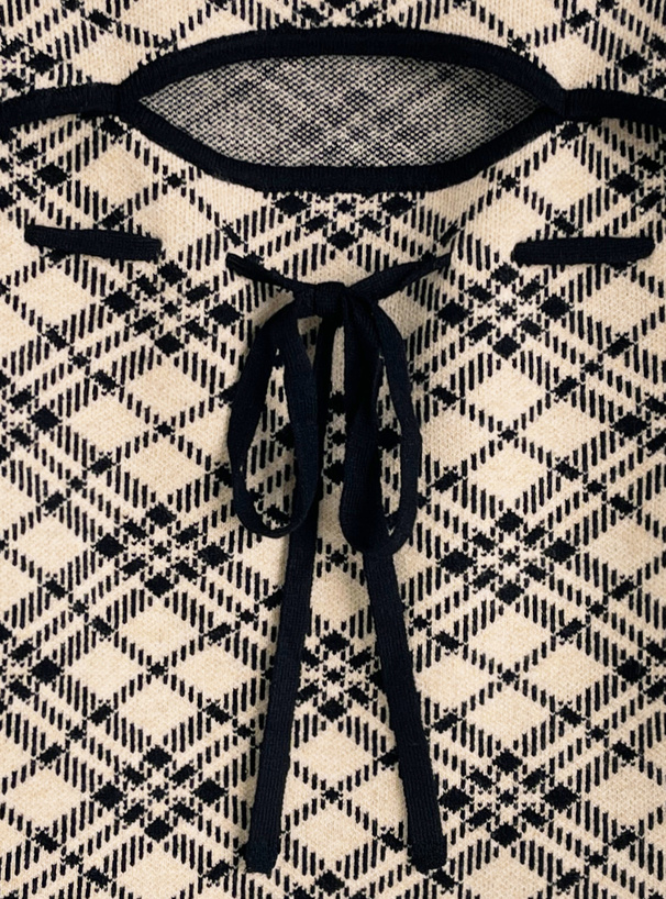 チェック柄リボンニットトップス