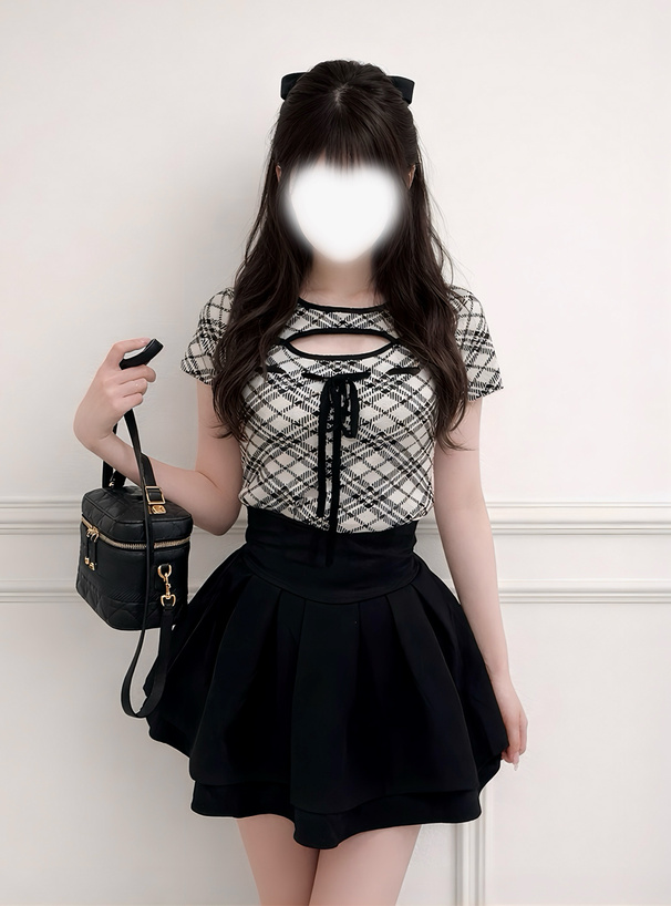 チェック柄リボンニットトップス