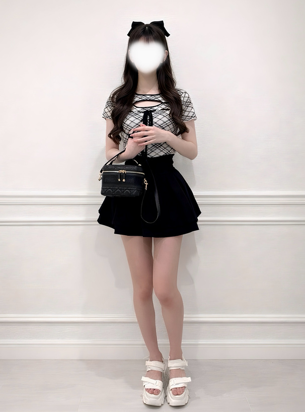 チェック柄リボンニットトップス